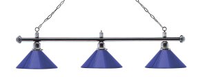 Billardlampe, chromfarben mit drei blauen Schirmen, 148 cm