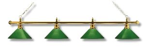 Billiard lamp, brass-colored with four green shades, 180 cm