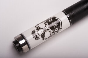 Demon DF0-002 pool billiard cue, two piece, with skull design, quality leather tip, solid wooden shaft and irish linen grip incl. joint protectors